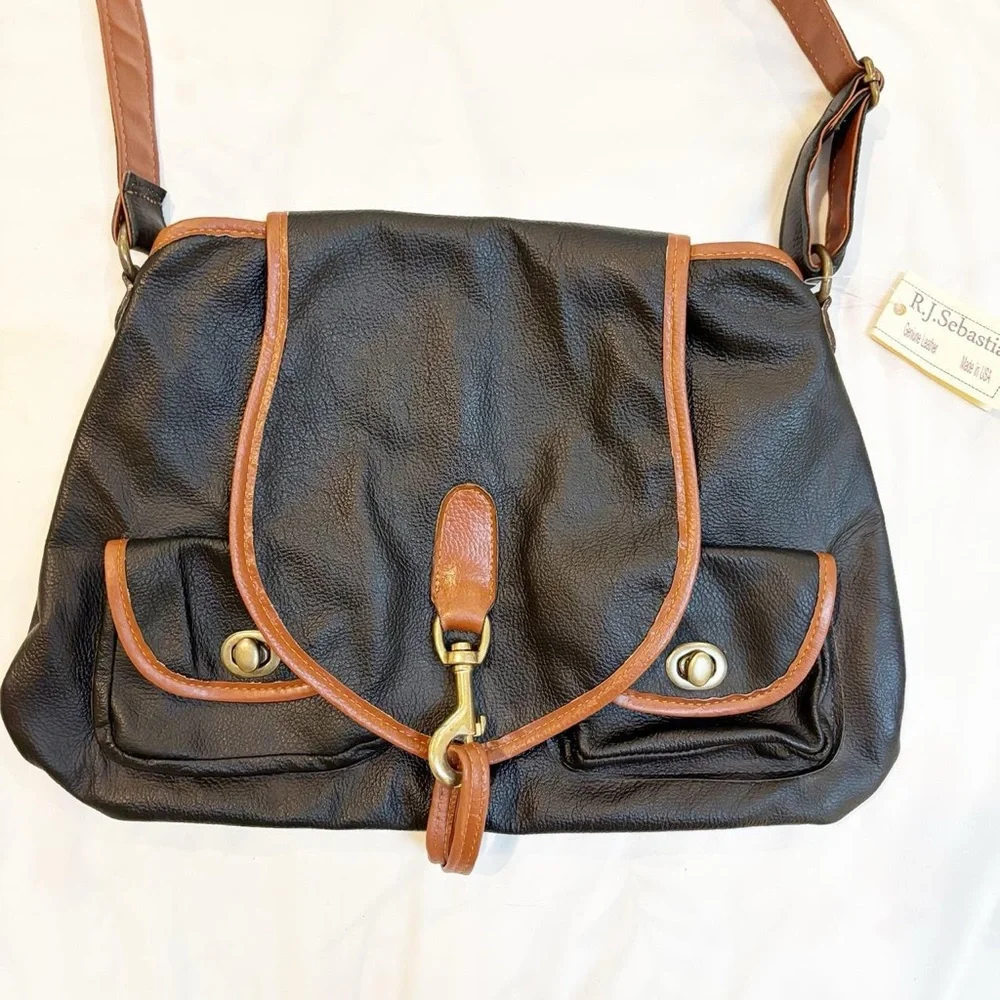Black Leather and Brown Trim‎ Equestrian Crossbody Bag NWT Preppy 90s